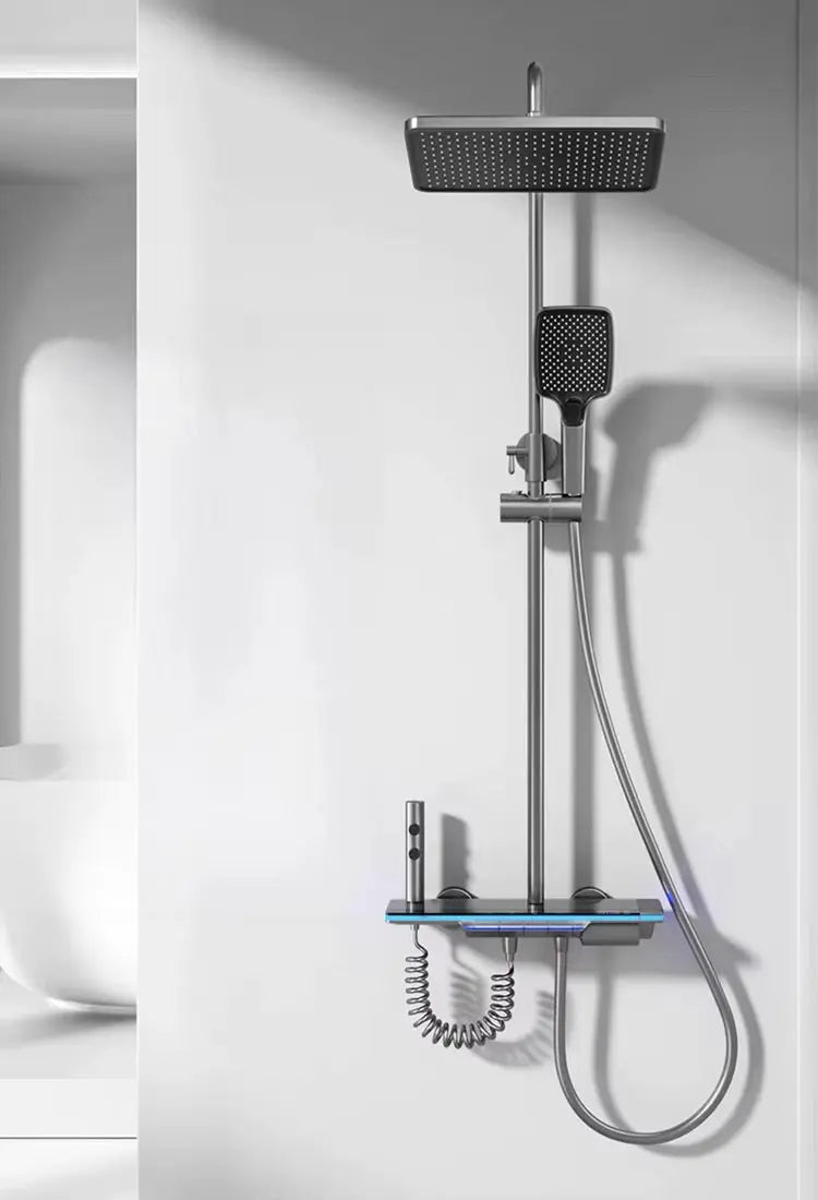 SaniSupreme AquaFlow LCD Thermostatisch opbouw doucheset 4-weg systeem 31 x 25 cm. regendouche gunmetal Sanisupreme