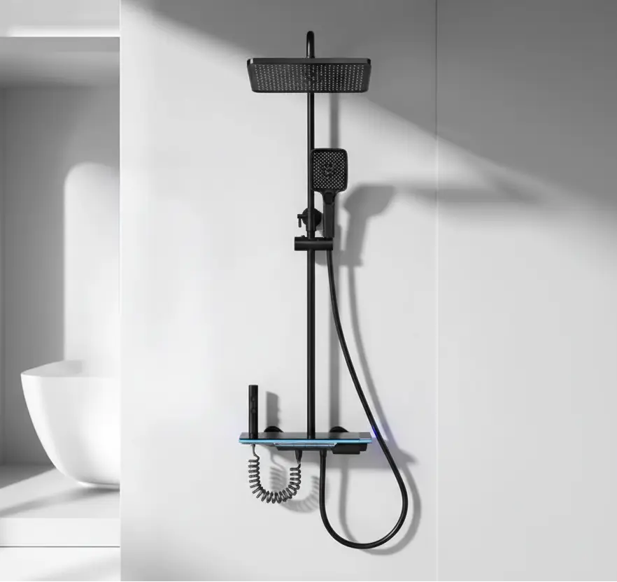 SaniSupreme AquaFlow LCD Thermostatisch opbouw doucheset 4-weg systeem 31 x 25 cm. regendouche mat zwart Sanisupreme