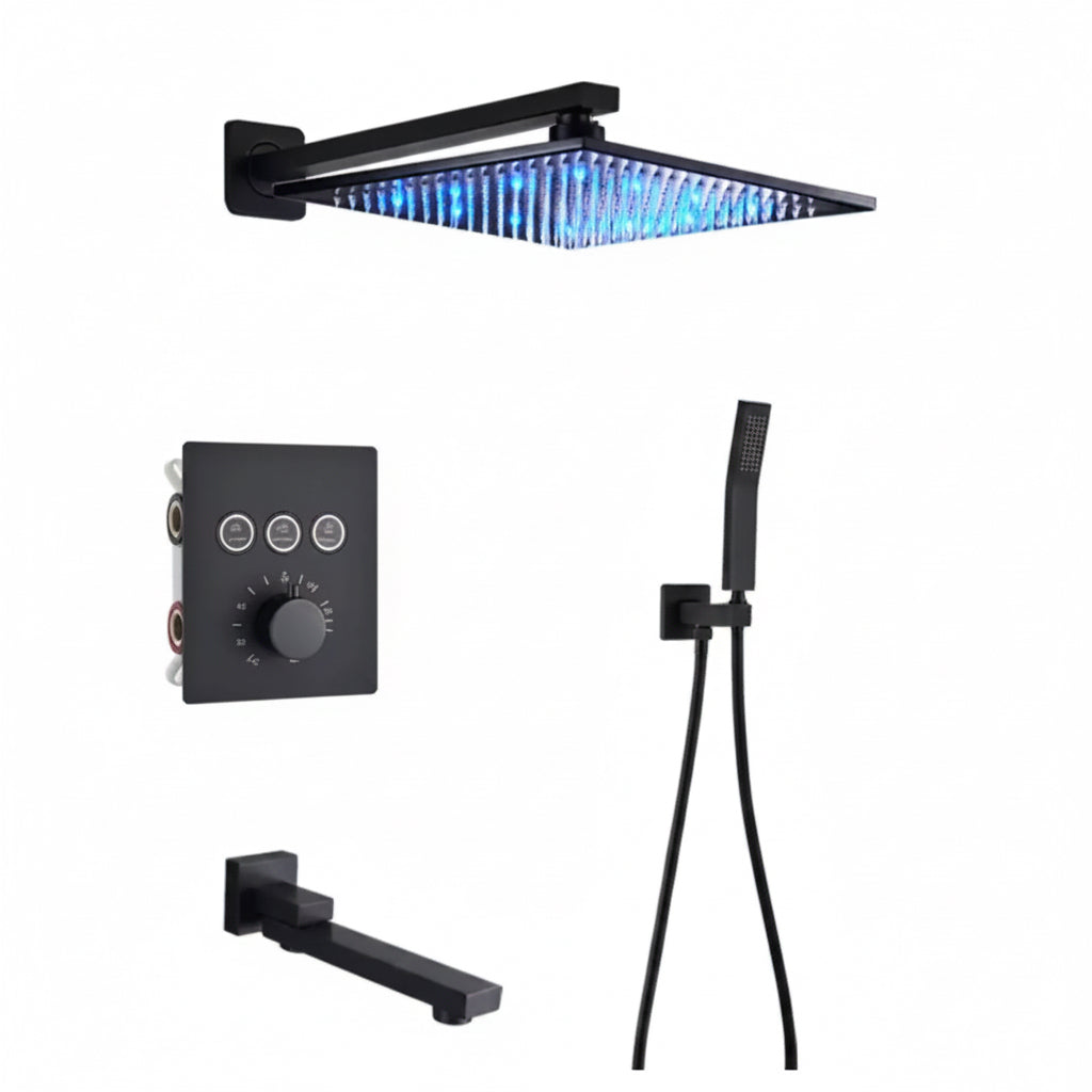 SaniSupreme SmartPulse Thermostatische Doucheset Alicante 3 weg 40 cm LED regendouche vierkant mat zwart Sanisupreme