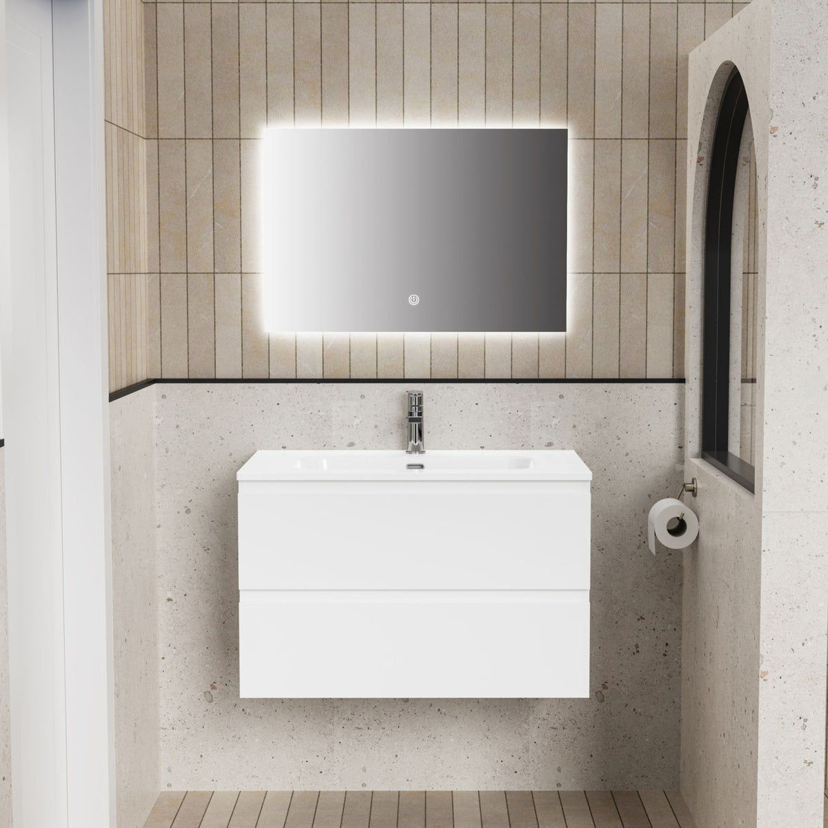 Sorvenza Badkamermeubelset 80 cm Glanzend Wit met Keramische Wastafel en LED-spiegel SaniSupreme2