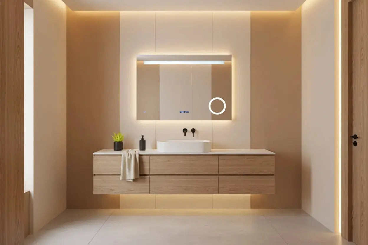 Spiegel Brisa rechthoek met LED verlichting, klok en vergroting 80, 100,120 x70 cm moderne badkamer SaniSupreme