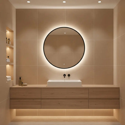 Spiegel Demi zwart rond met led verlichting 60ø, 80ø, 100ø, 120ø, 140ø moderne badkamer SaniSupreme badkamer