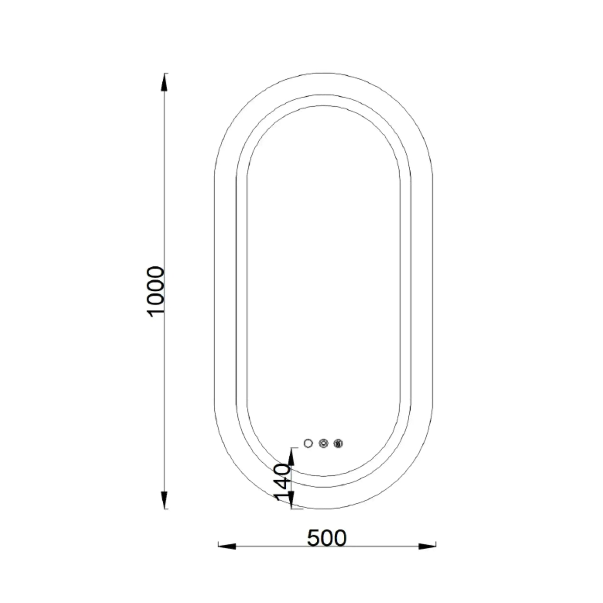 Spiegel Serena rond met led verlichting, dimbaar en verwarming 100x50cm SaniSupreme maattekening