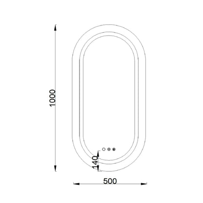 Spiegel Serena rond met led verlichting, dimbaar en verwarming 100x50cm SaniSupreme maattekening