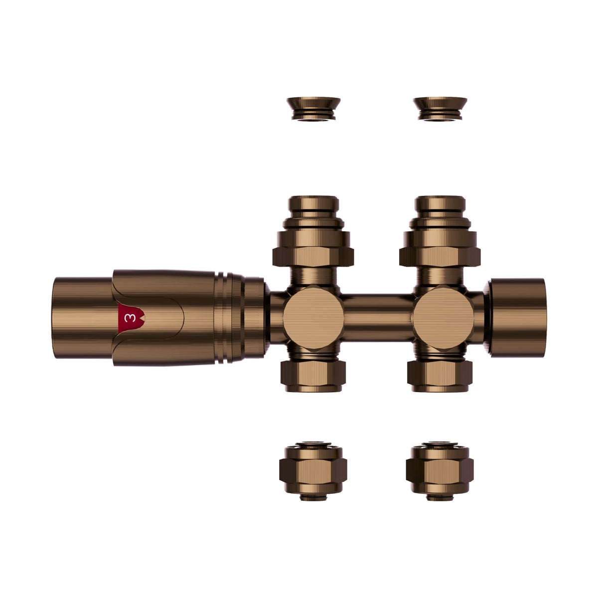 Thermostatische Radiatorkraan aansluitset 1/2" - 3/4" met thermostaatknop - muur en/of vloer bevestiging - Geborsteld RVS Bruin Brons2