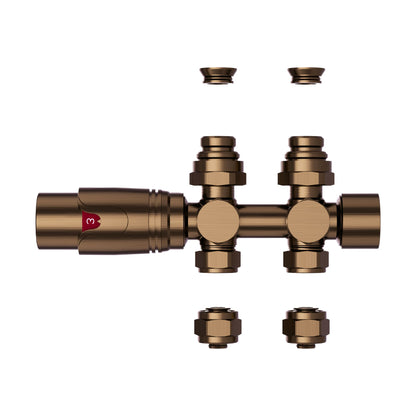 Thermostatische Radiatorkraan aansluitset 1/2" - 3/4" met thermostaatknop - muur en/of vloer bevestiging - Geborsteld RVS Bruin Brons2