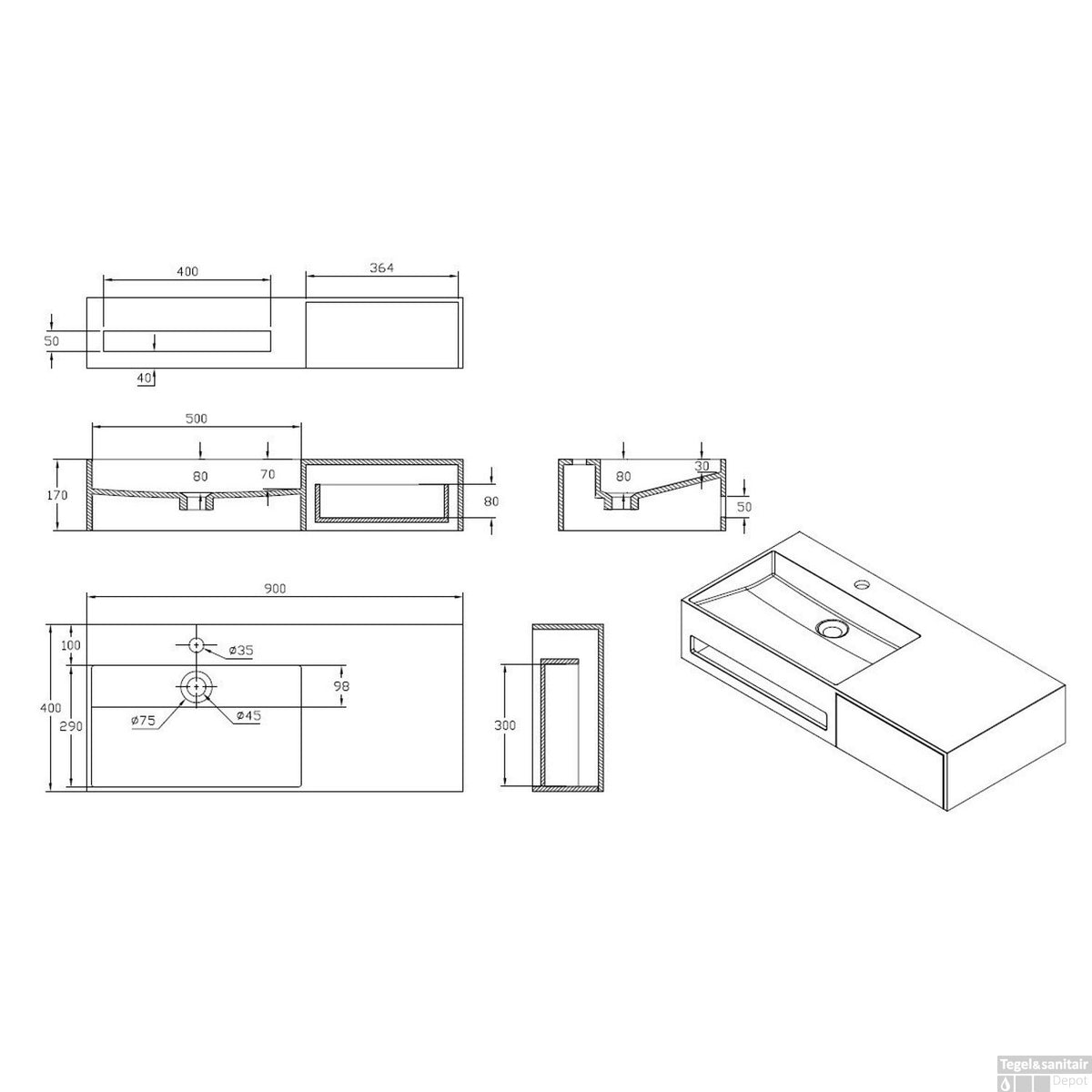 Velmora solid surface wastafel met lade 90 cm mat wit SaniSupreme4