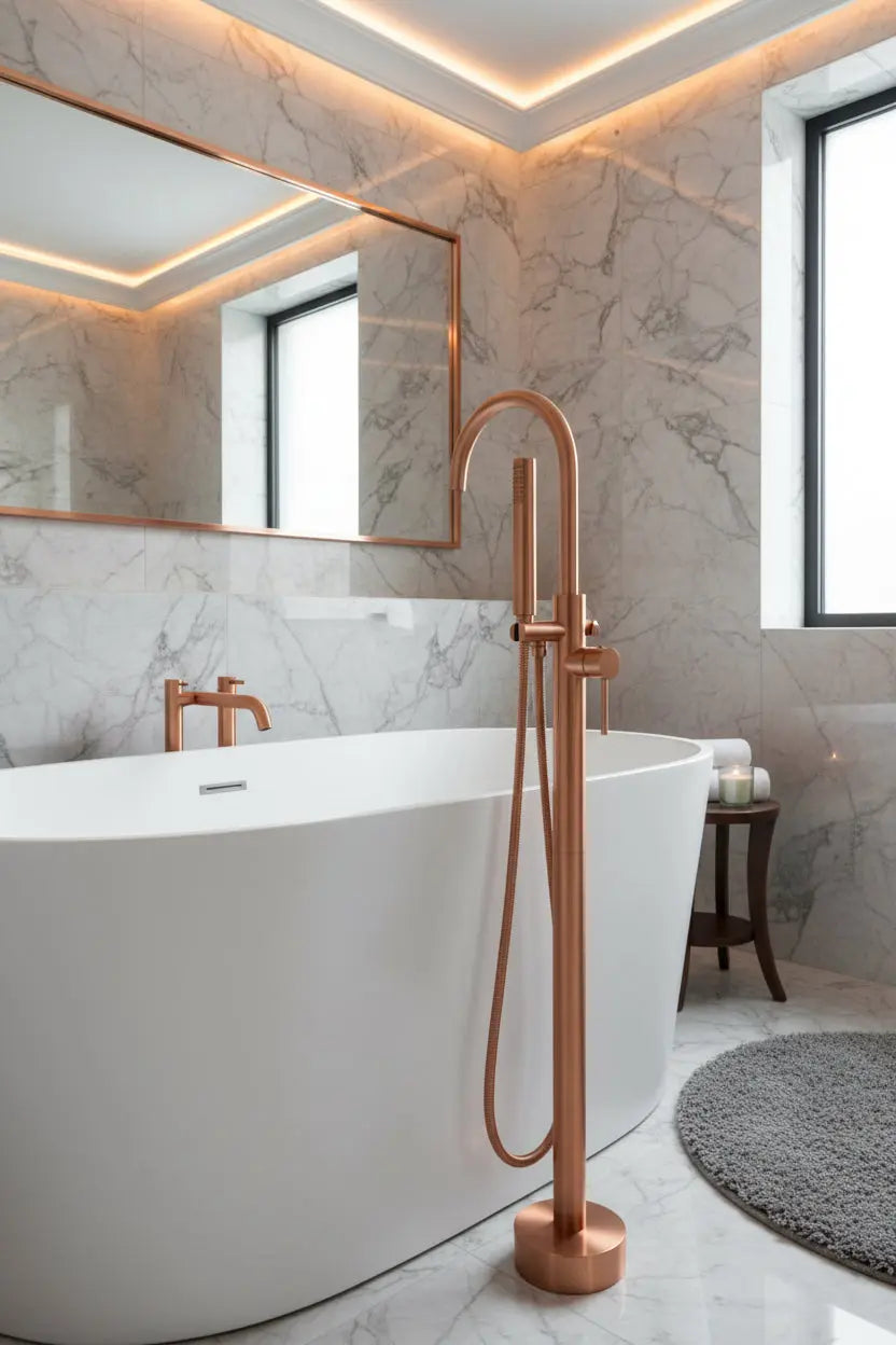 Vrijstaande Badkraan SaniSupreme Veloria Line Salvia met handdouche Geborsteld koper