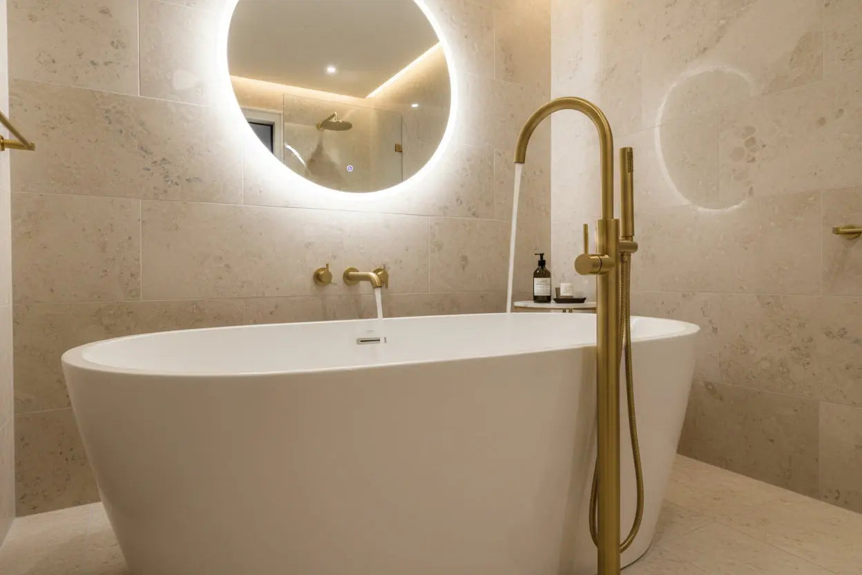 Vrijstaande Badkraan SaniSupreme Veloria Line Verbena met handdouche Geborsteld Goud