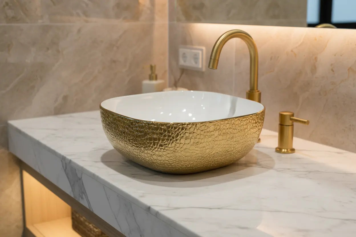 Waskom Krokodilo Keramiek 42,5x42,5x14,5 Glans Goud Glans Wit SaniSupreme
