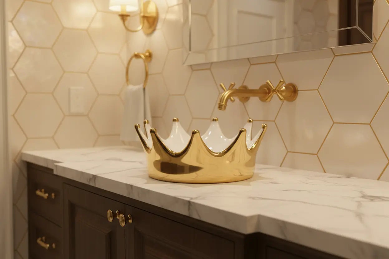 Waskom Kroon Keramiek Ø40xH16,5 Glans Goud Glans Wit SaniSupreme Sanisupreme