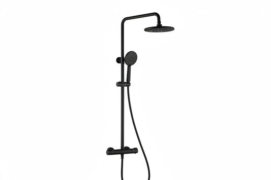 ACTIE SaniSupreme Livorno opbouw doucheset 8 inch regendouche thermostatisch mat zwart rond Sanisupreme