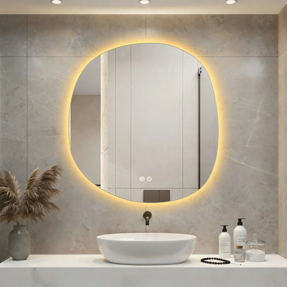 Spiegel Pebbles organische vorm met led verlichting, dimbaar en verwarming 80x85 Sanisupreme Sanisupreme