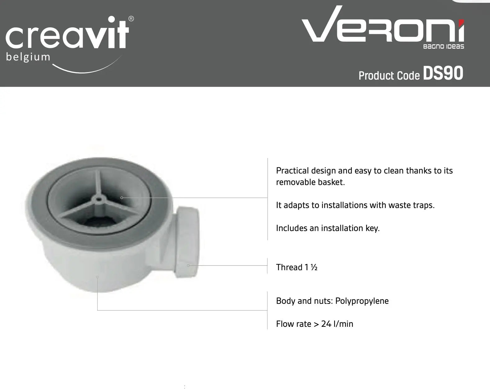 Badsifon SaniSupreme voor composiet douchebakken 90MM-Ø40MM SaniSupreme