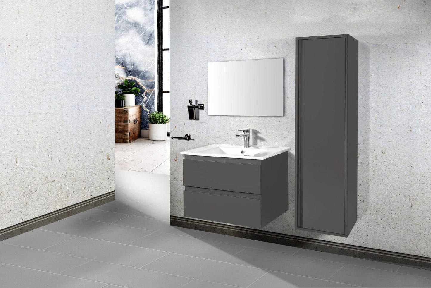 SaniSupreme® Monaco Bathroom furniture 80 matt anthracite gray ceramic washbasin white