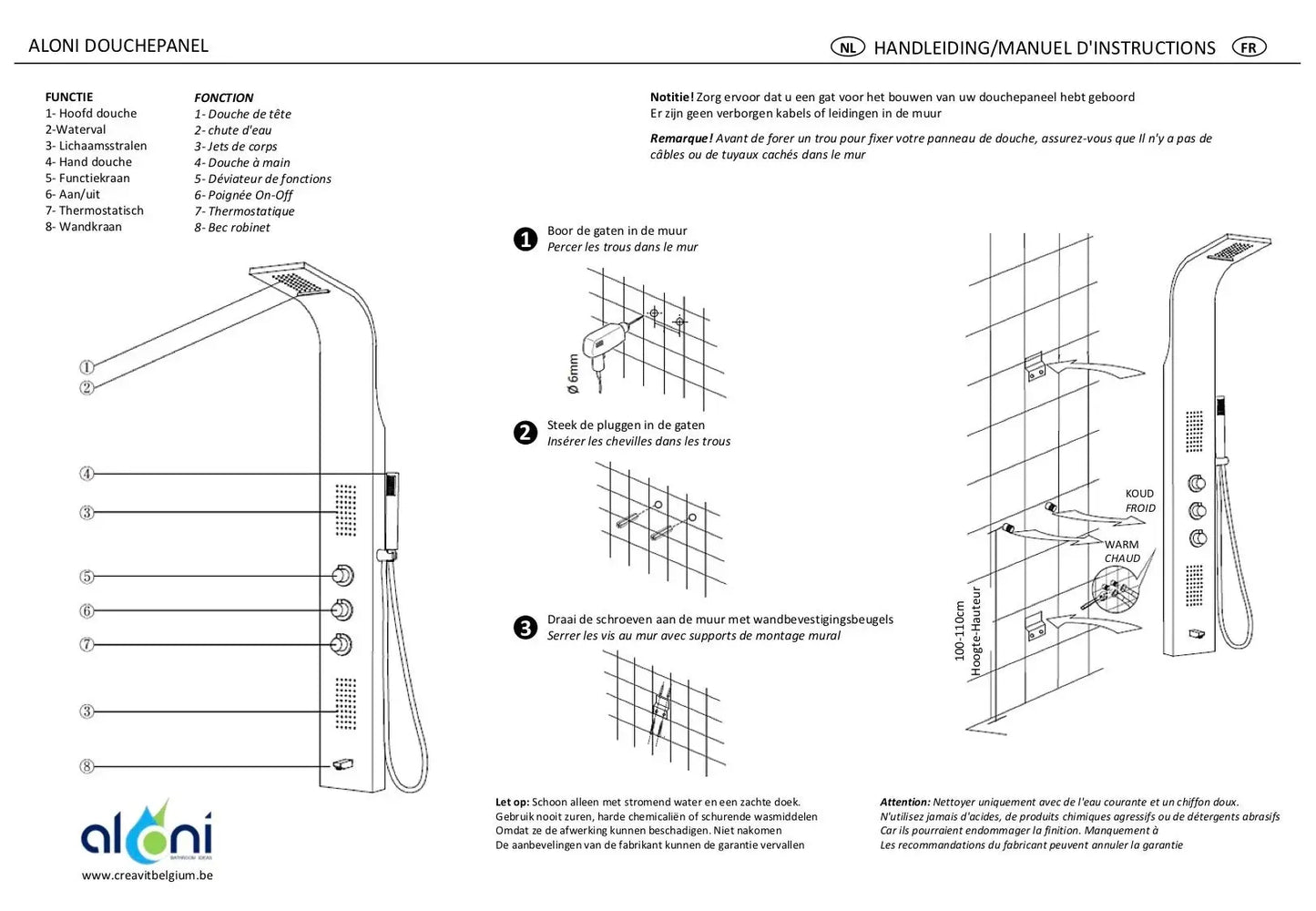 SaniSupreme massage thermostatisch douchepaneel Aloni 160x20x7 cm Mat Chroom Sanisupreme