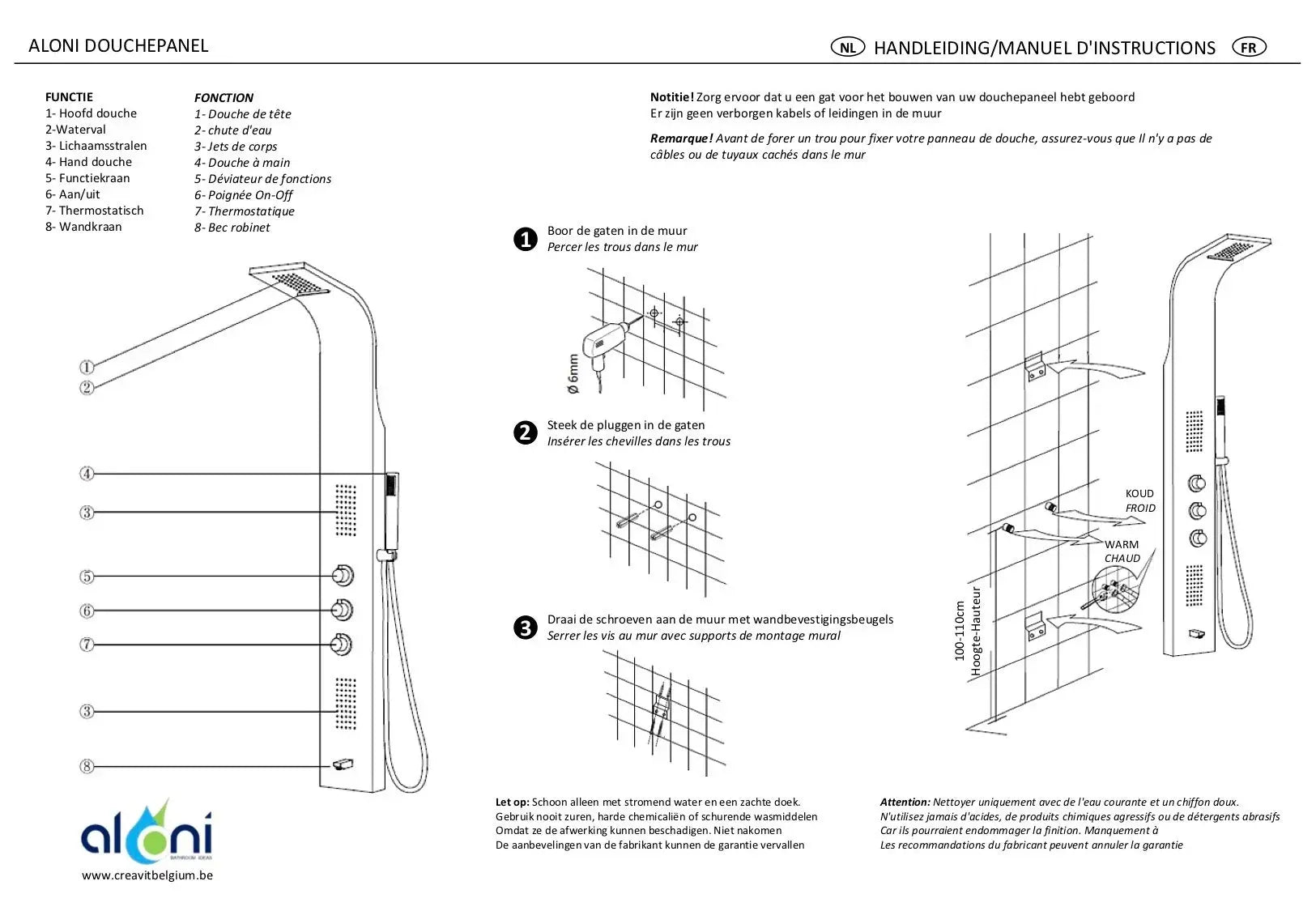 SaniSupreme massage thermostatisch douchepaneel Aloni 160x20x7 cm Mat Chroom Sanisupreme