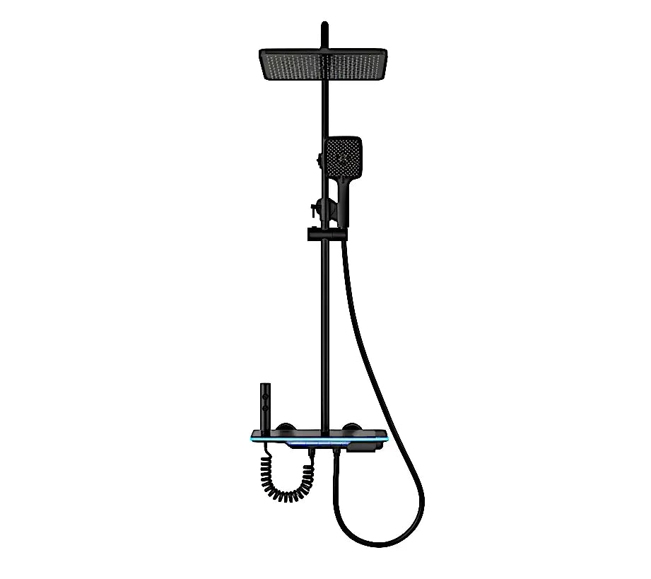 SaniSupreme AquaFlow LCD Thermostatisch opbouw doucheset 4-weg systeem 31 x 25 cm. regendouche mat zwart Sanisupreme