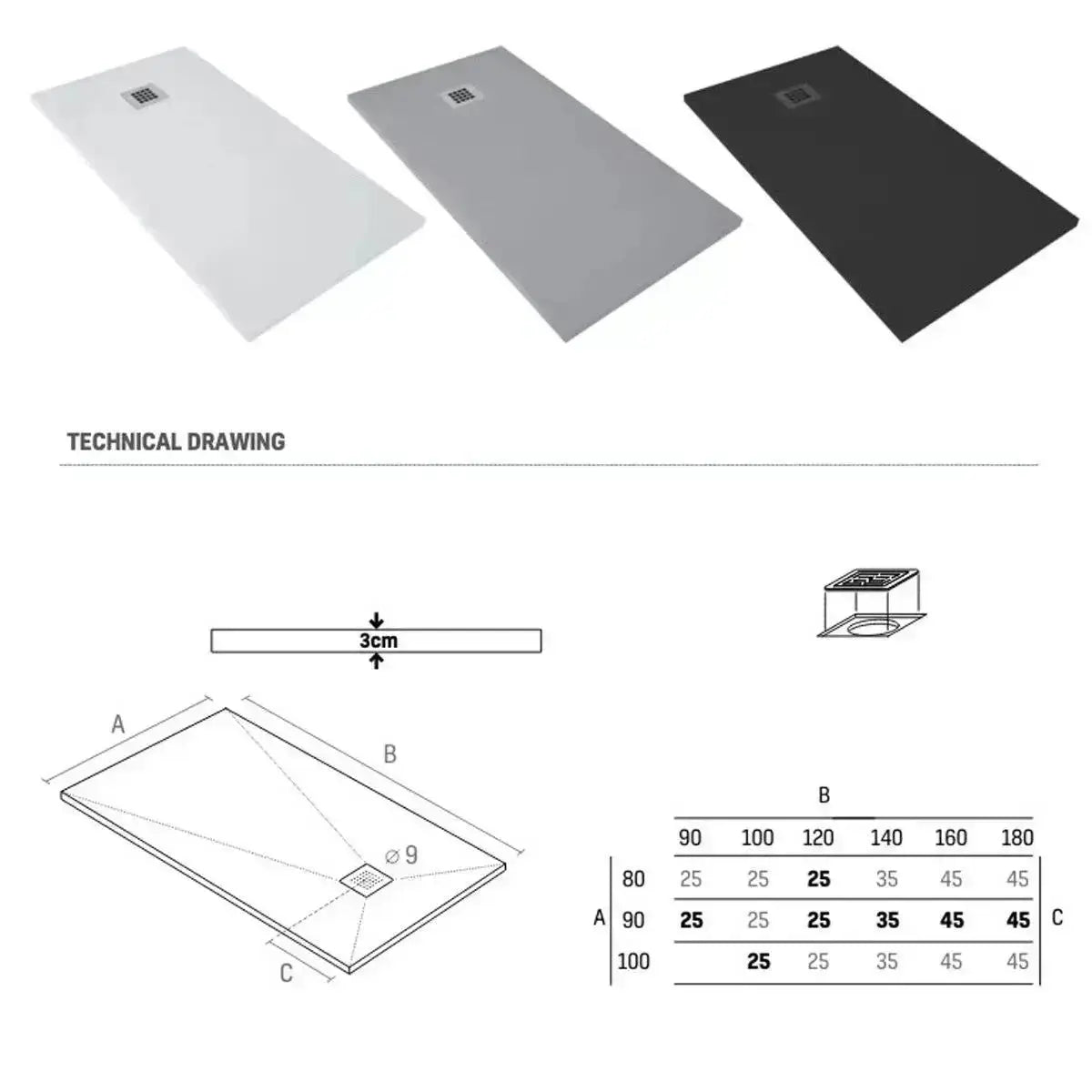 Douchebak Douchevloer SaniSupreme Flat 140x90x3 cm Excl.Sifon Composietsteen Rechthoek Mat Grijs