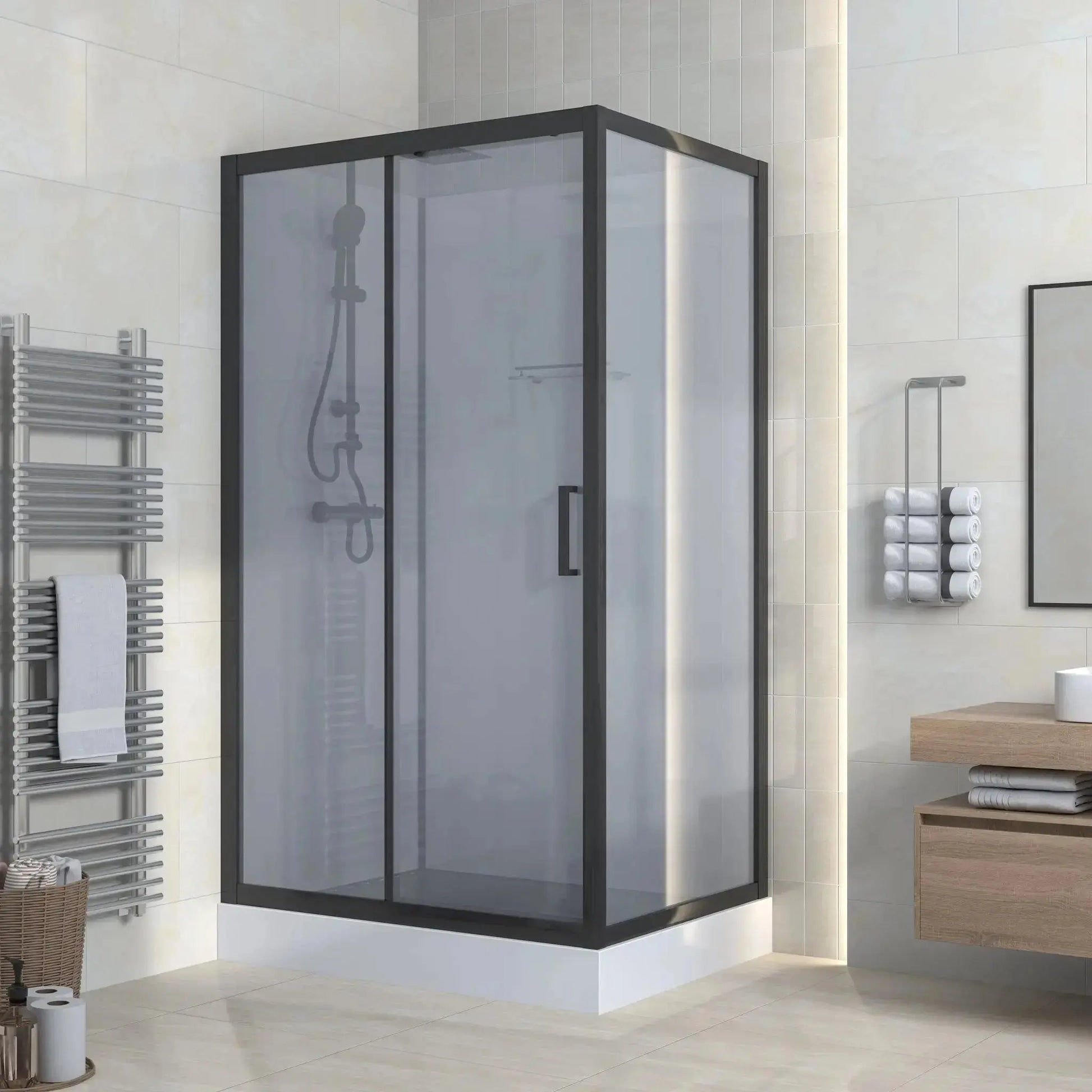 Douchecabine SaniSupreme® AquaPlus Renova compleet met schuifdeur - 120X225X90 CM - omkeerbaar mat zwart met grijs rookglas