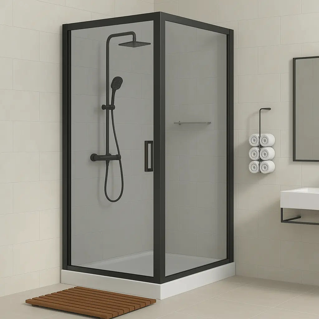 Douchecabine SaniSupreme® AquaPlus Renova compleet met schuifdeur - 90X225X90 CM - omkeerbaar mat zwart met grijs rookglas