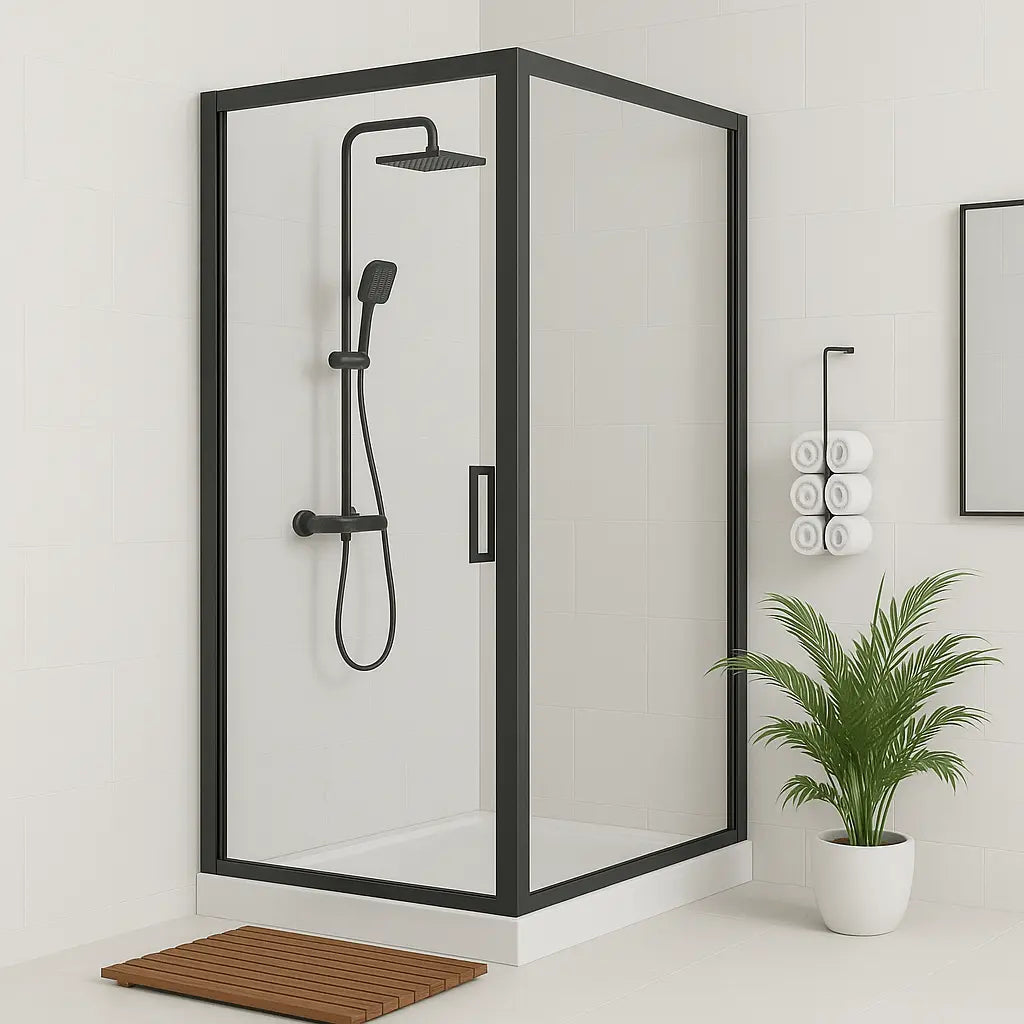 Douchecabine SaniSupreme® AquaPlus Renova compleet met schuifdeur - 90X225X90 CM - omkeerbaar mat zwart met grijs rookglas