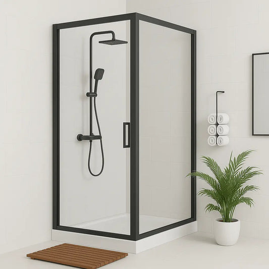 Douchecabine SaniSupreme® AquaPlus Renova compleet met schuifdeur - 90X225X90 CM - omkeerbaar mat zwart met grijs rookglas