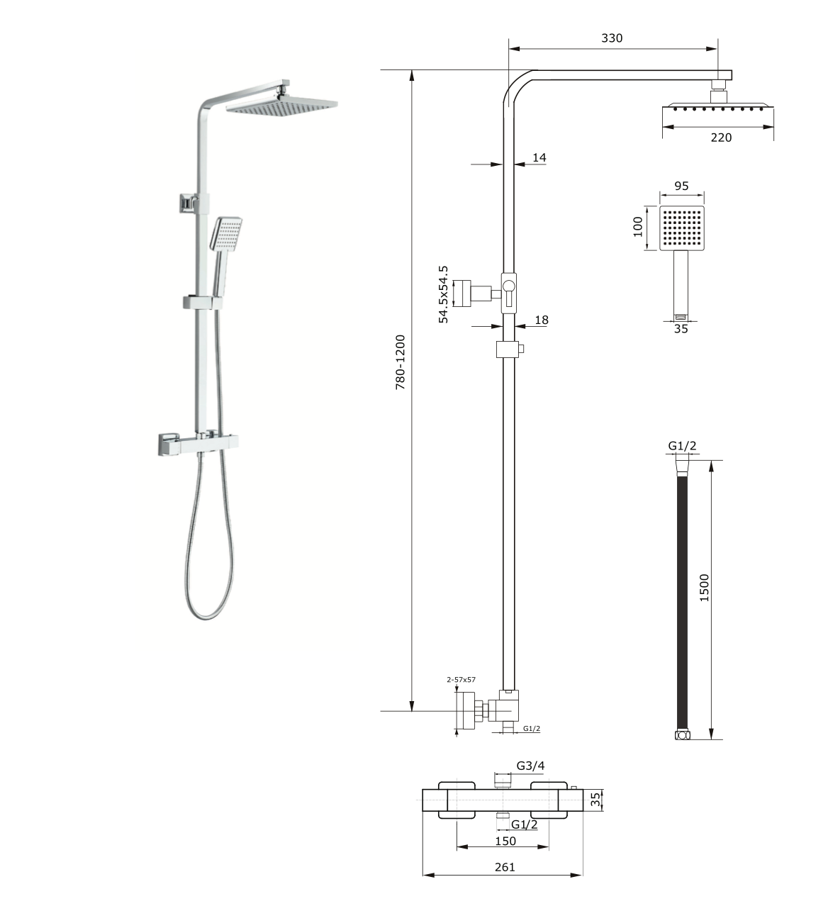 SaniSupreme Aloni Optima Rondo ensemble de douche en saillie Thermostatique douche à effet de pluie 8 pouces Gun Metal