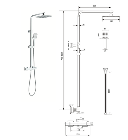 SaniSupreme Aloni Optima Rondo ensemble de douche en saillie Thermostatique douche à effet de pluie 8 pouces Gun Metal