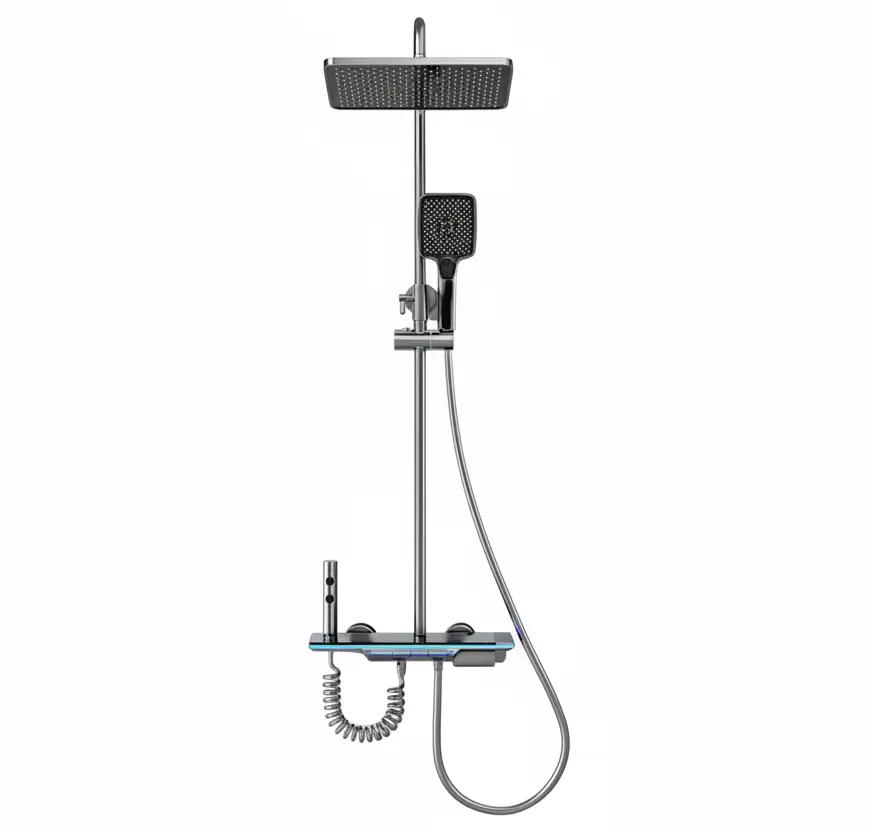 SaniSupreme AquaFlow LCD Thermostatisch opbouw doucheset 4-weg systeem 31 x 25 cm. regendouche gunmetal Sanisupreme