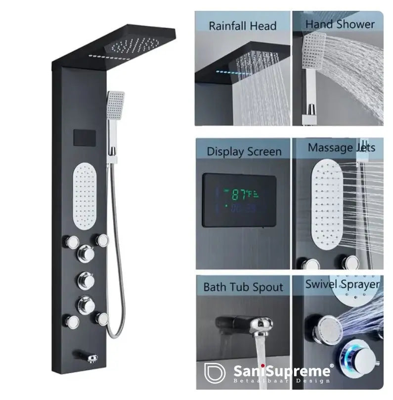 Douchepaneel Opbouwdouche SaniSupreme® Savona LCD Premium mat zwart