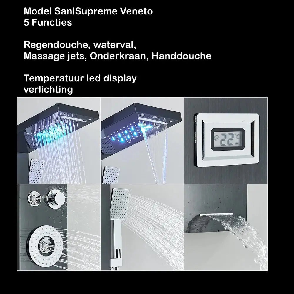 Douchepaneel Regendouche SaniSupreme® Veneto zwart met LED verlichting en Display