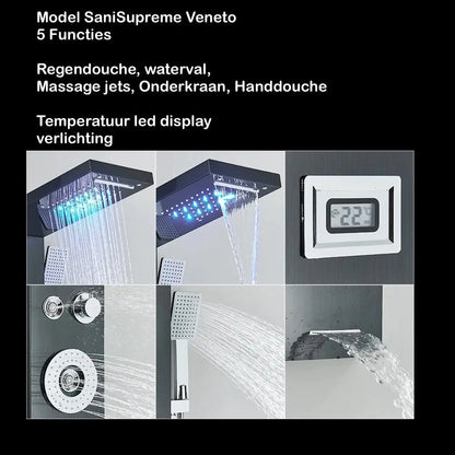 Douchepaneel Regendouche SaniSupreme® Veneto zwart met LED verlichting en Display