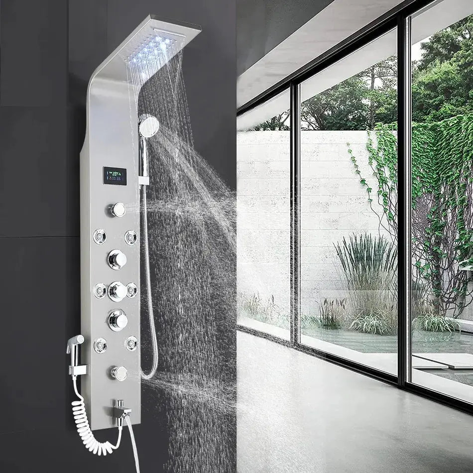 TWEEDEKANS! Douchepaneel Opbouwdouche SaniSupreme® Sicilie met hand- en voetendouche LCD Premium zilver TK3 Sanisupreme