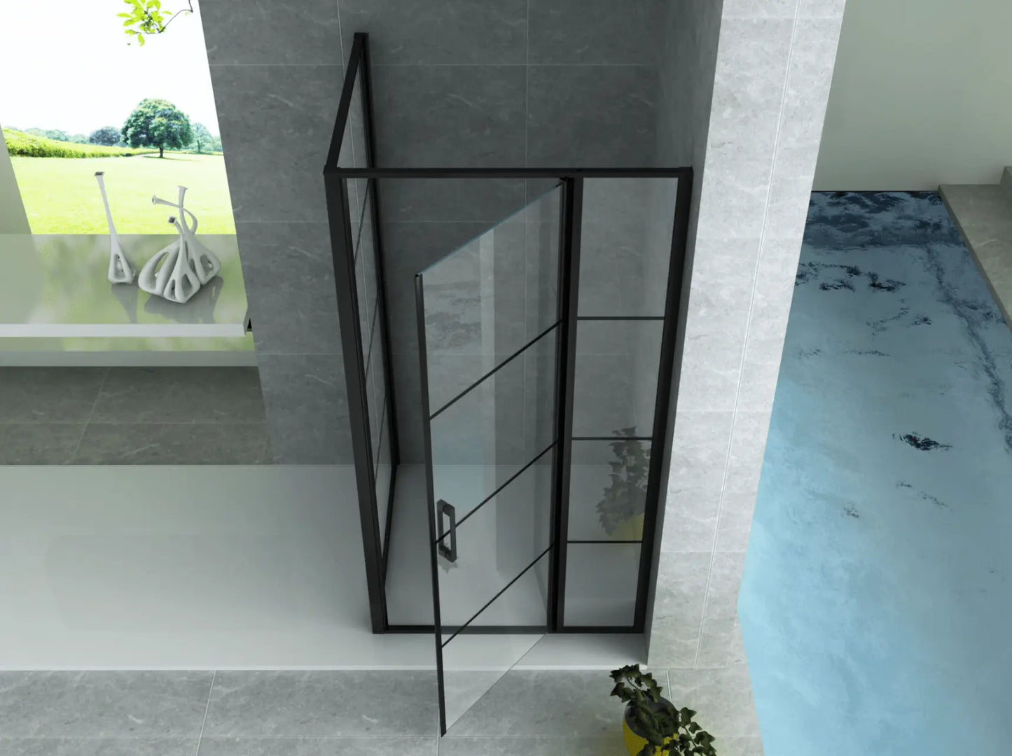 SaniSupreme Creavit Aloni Douchewand Douchecabine Hoekopstelling met draaideur 140x90x195 cm mat zwart raster frame