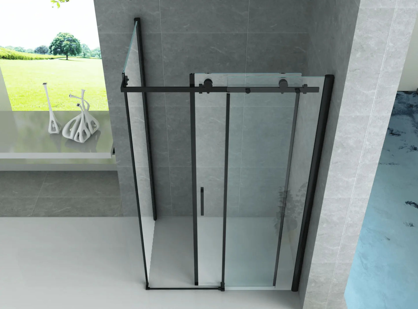 Douchewand Douchecabine Hoekopstelling SaniSupreme Creavit Aloni douchecabine met schuifdeur 120x90x195 cm mat zwart frame