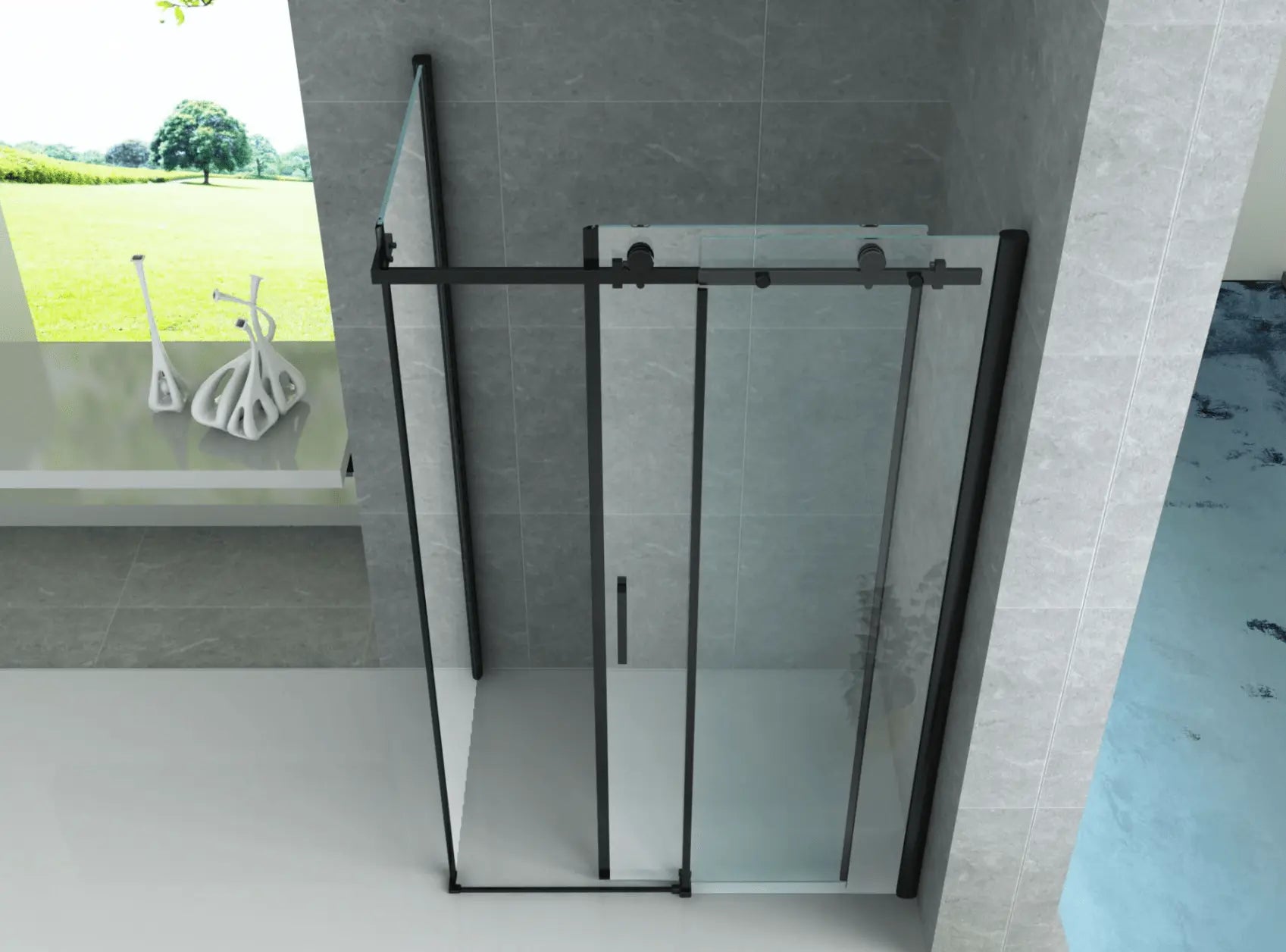 Douchewand Douchecabine Hoekopstelling SaniSupreme Creavit Aloni douchecabine met schuifdeur 140x90x195 cm mat zwart frame