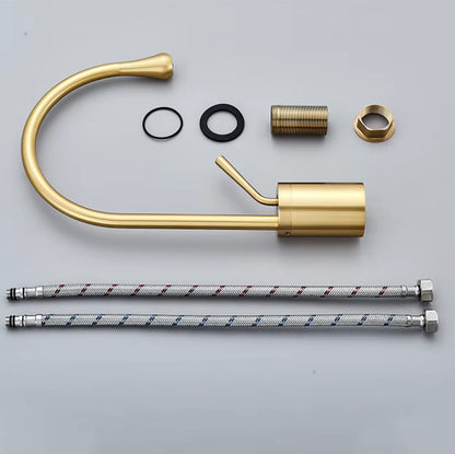 SaniSupreme AquaSoft wastafelkraan opbouw laag model gebogen uitloop geborsteld goud