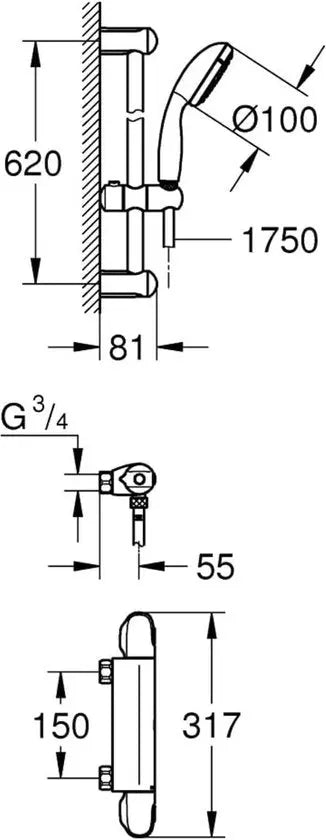 GROHTHERM 1000 THERMOSTATISCHE DOUCHEMENGKRAAN LOSSE GLIJSTANG