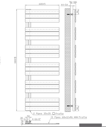 Radiateur de salle de bain Sèche-serviettes 1800 x 600 Blanc mat brossé