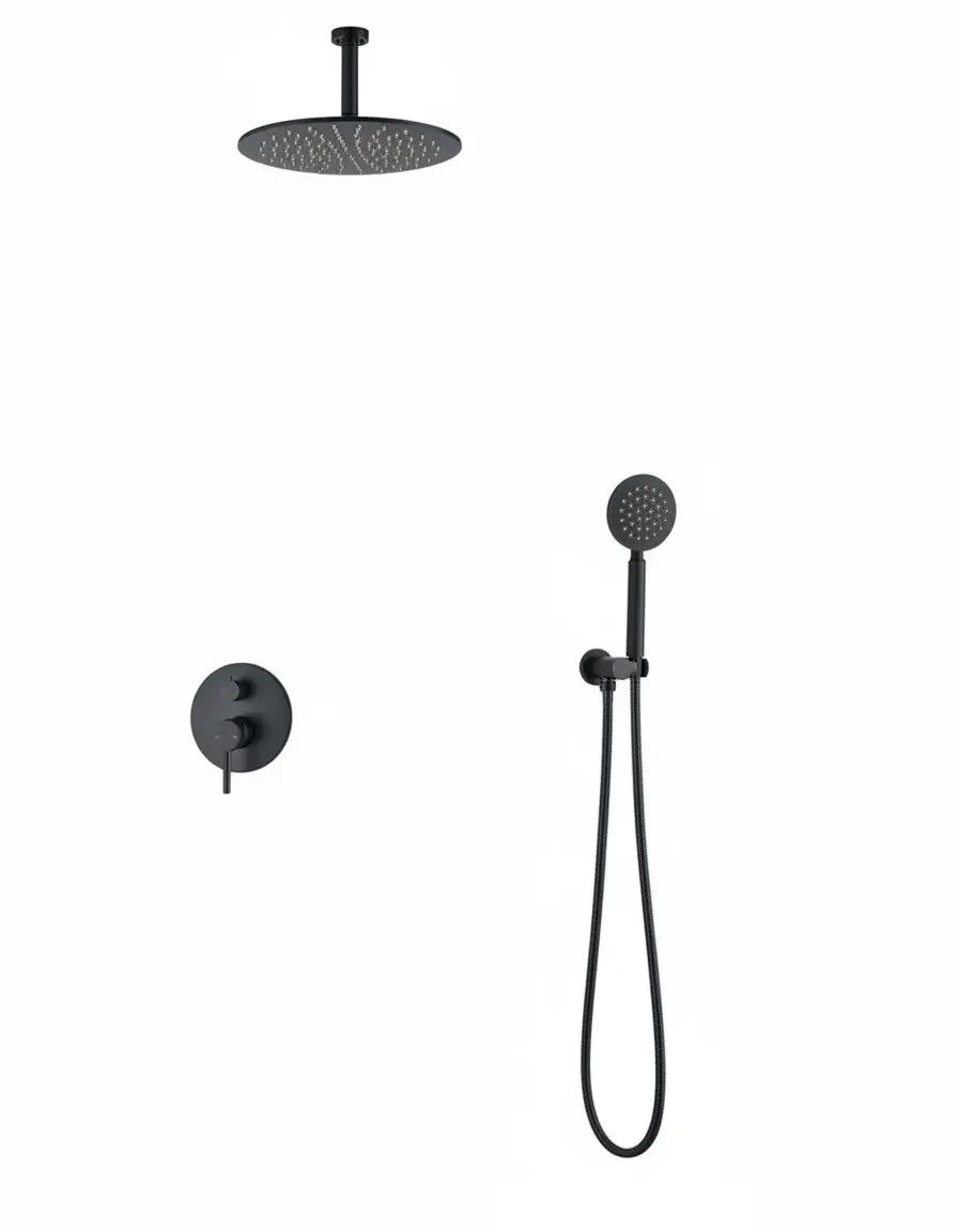 Inbouw Plafond Doucheset Yosemite 2 weg 25 cm. regendouche rond mat zwart Sanisupreme