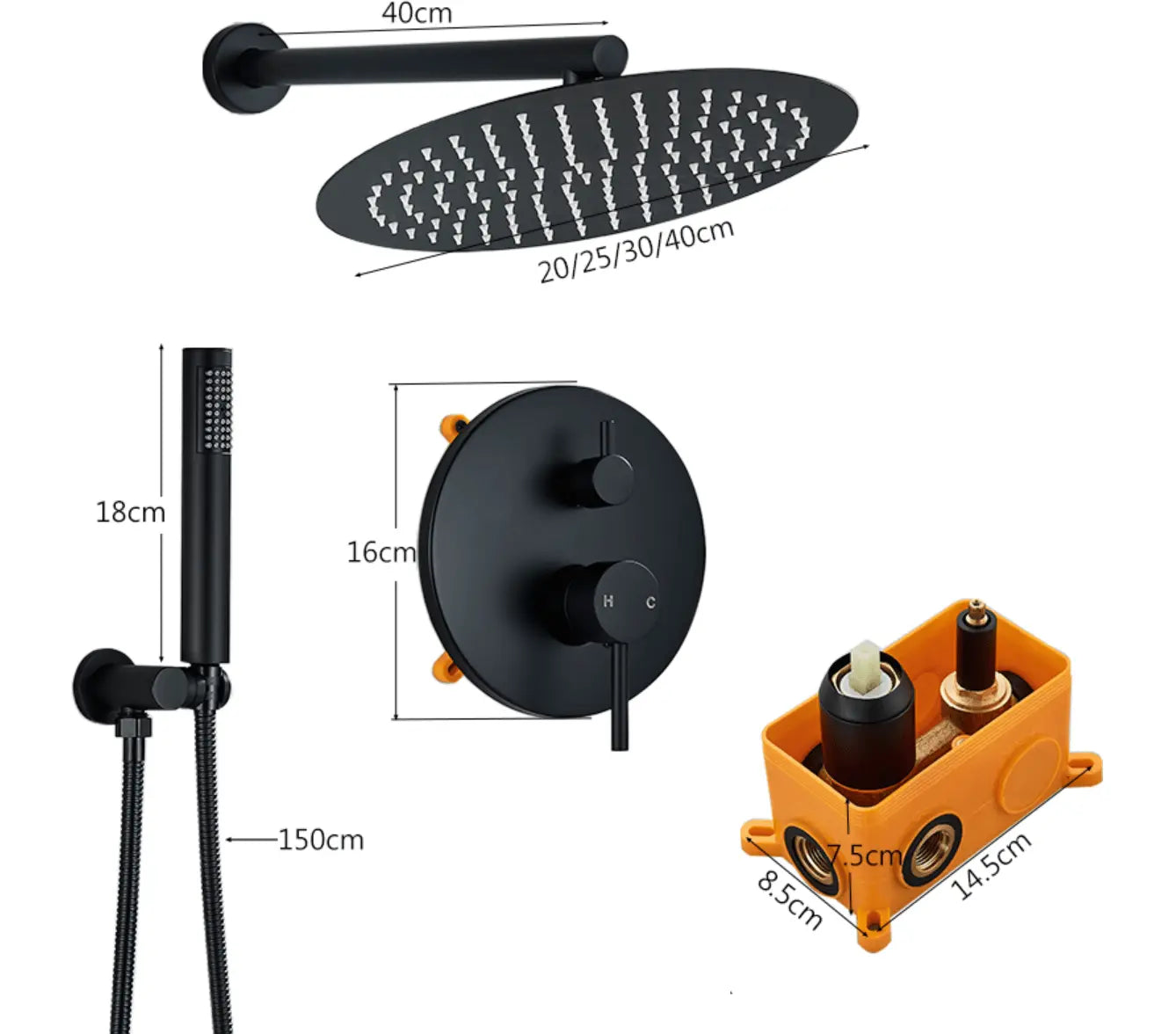 Inbouw Plafond Doucheset Yosemite 2 weg 40 cm. regendouche rond mat zwart