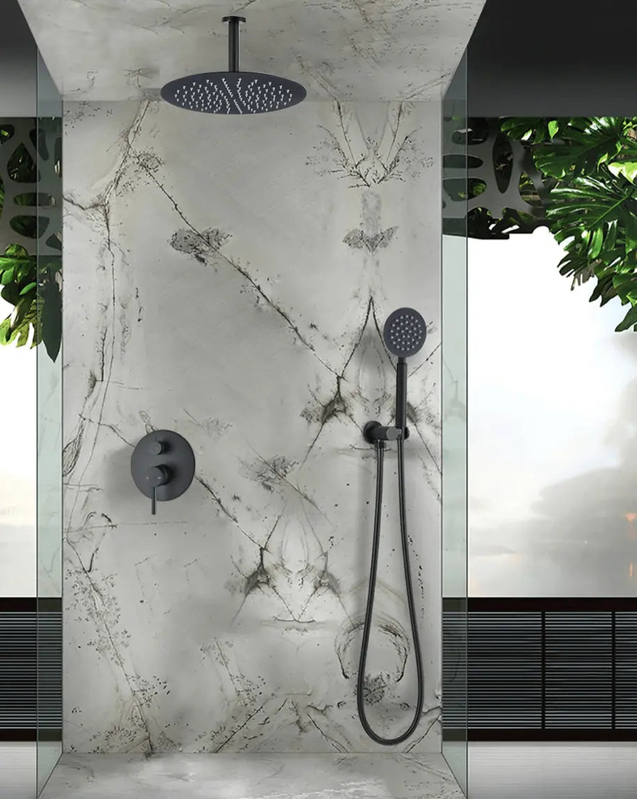 Inbouw Plafond Doucheset Yosemite 2 weg 40 cm. regendouche rond mat zwart