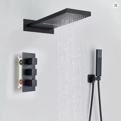 SaniSupreme Doucheset BlackLine Wellness  regendouche en waterval  vierkant 3-weg zwart inbouw Sanisupreme