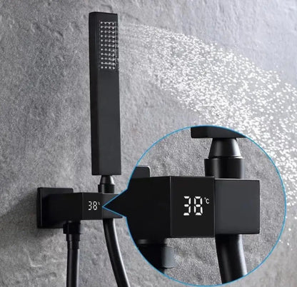 Komplete Handdouche set Messing Ophangbeugel Draaibare Muurkoppeling met LCD temperatuur weergave mat zwart