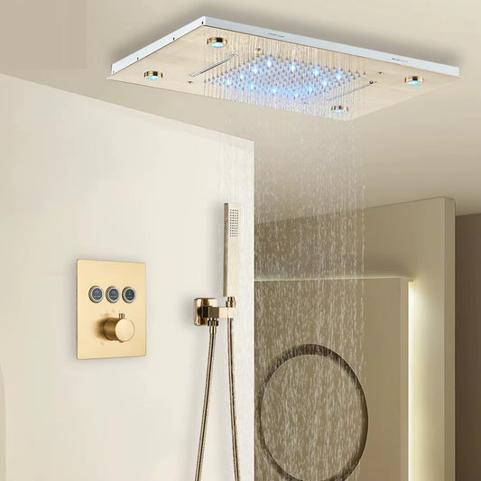 SaniSupreme®SmartPulse Ensemble de douche thermostatique au plafond Alicante Douche de pluie LED à 3 voies encastrable au plafond La Paz Or brossé