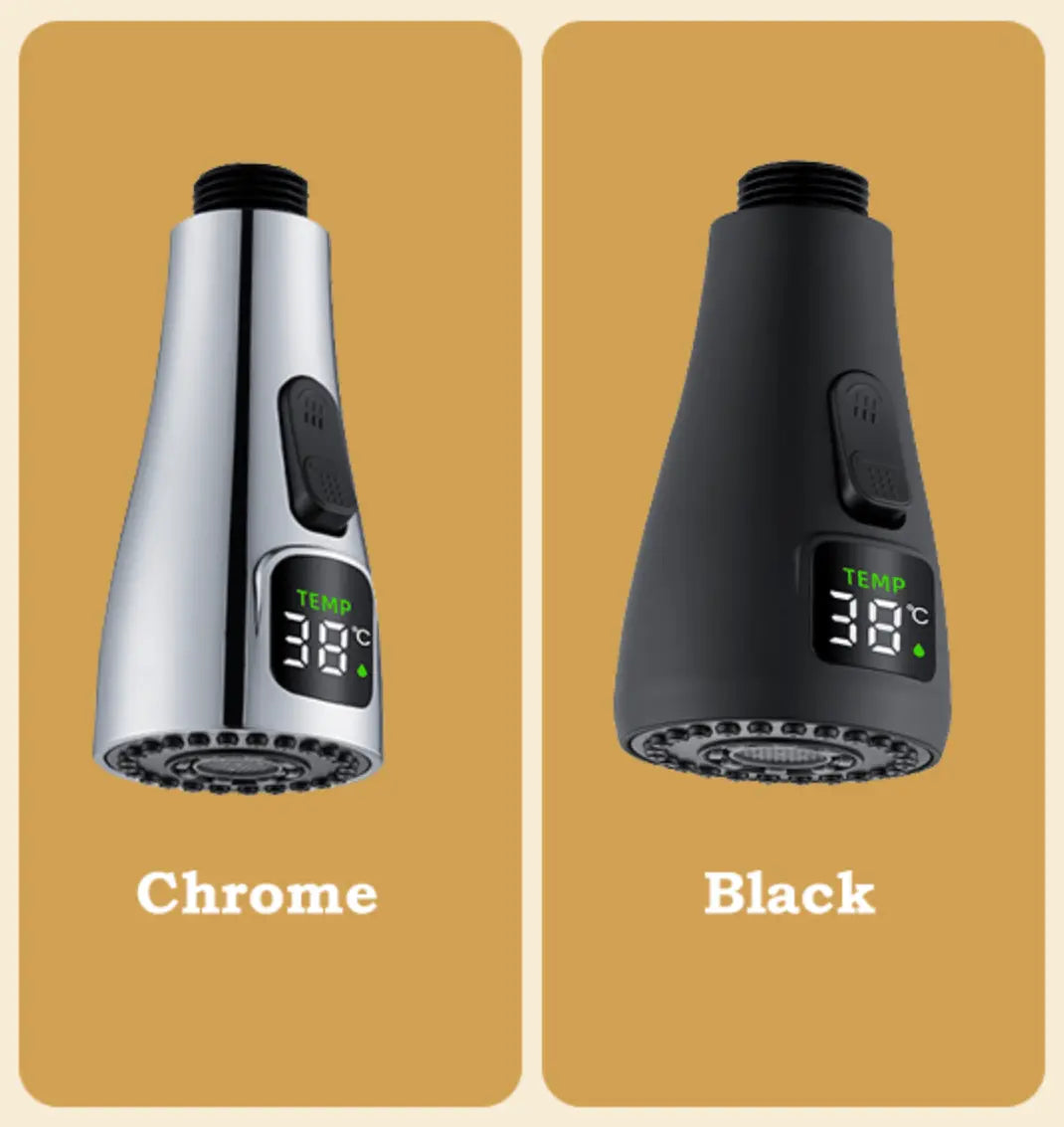 Losse Sproeikop Keukenkraan met LCD en 2 - standenknop bediening glans chroom