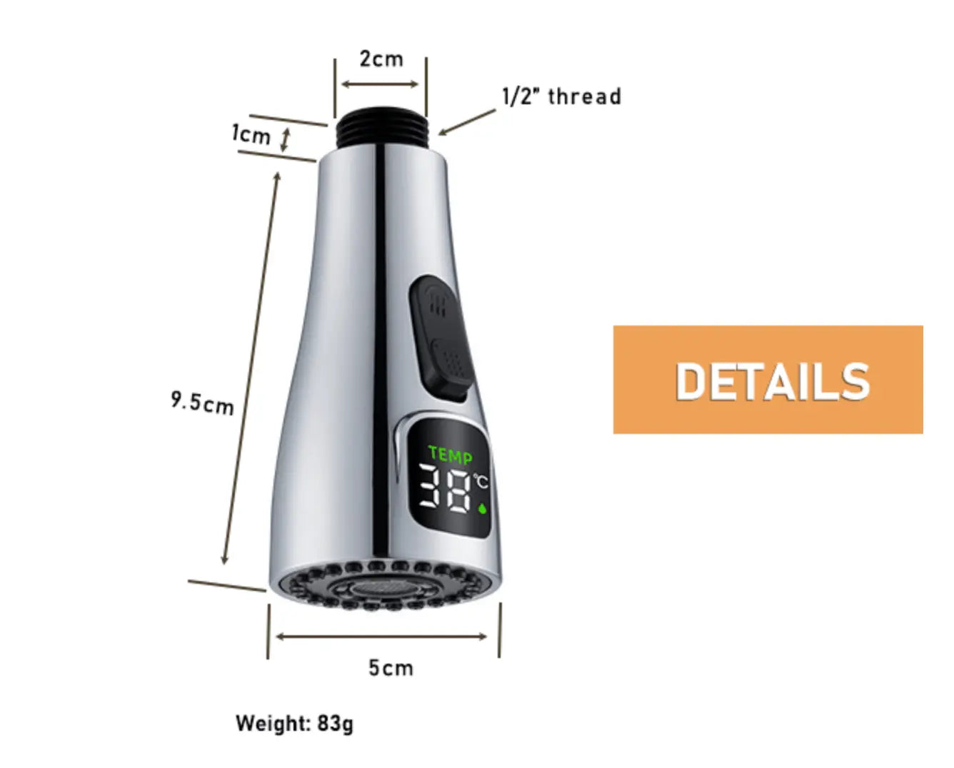 Losse Sproeikop Keukenkraan met LCD en 2 - standenknop bediening glans chroom