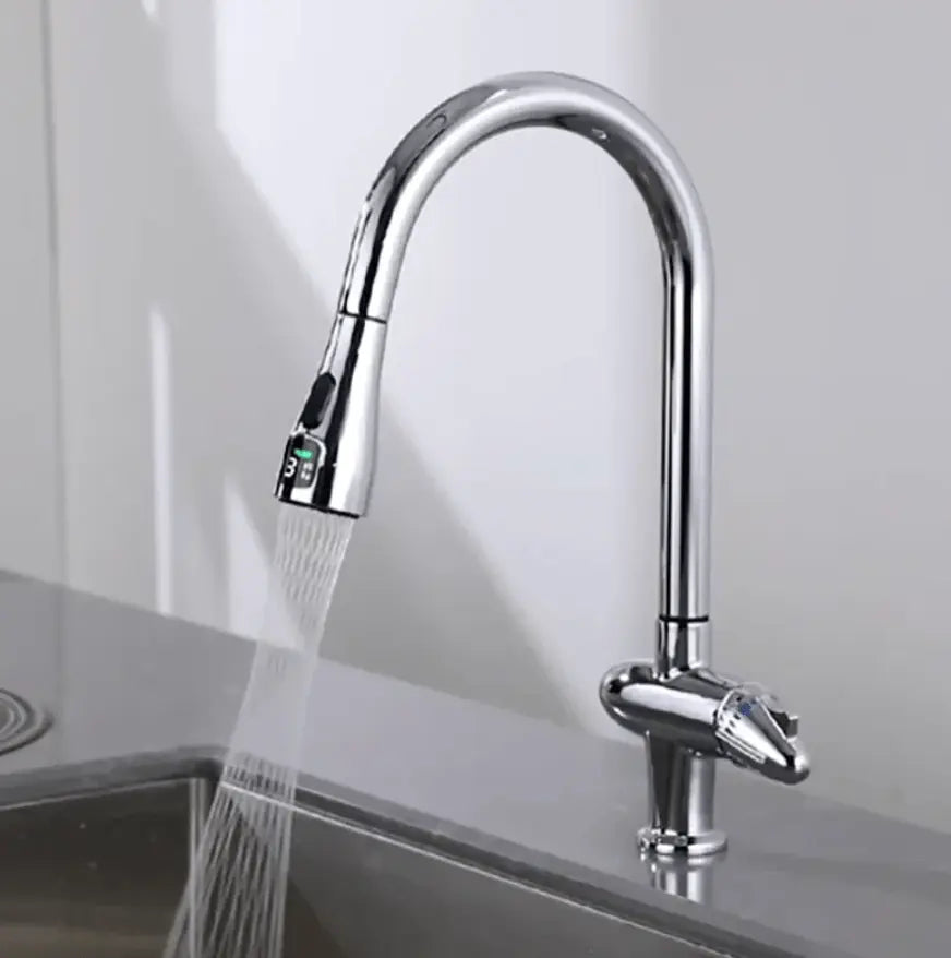Losse Sproeikop Keukenkraan met LCD en 2 - standenknop bediening glans chroom