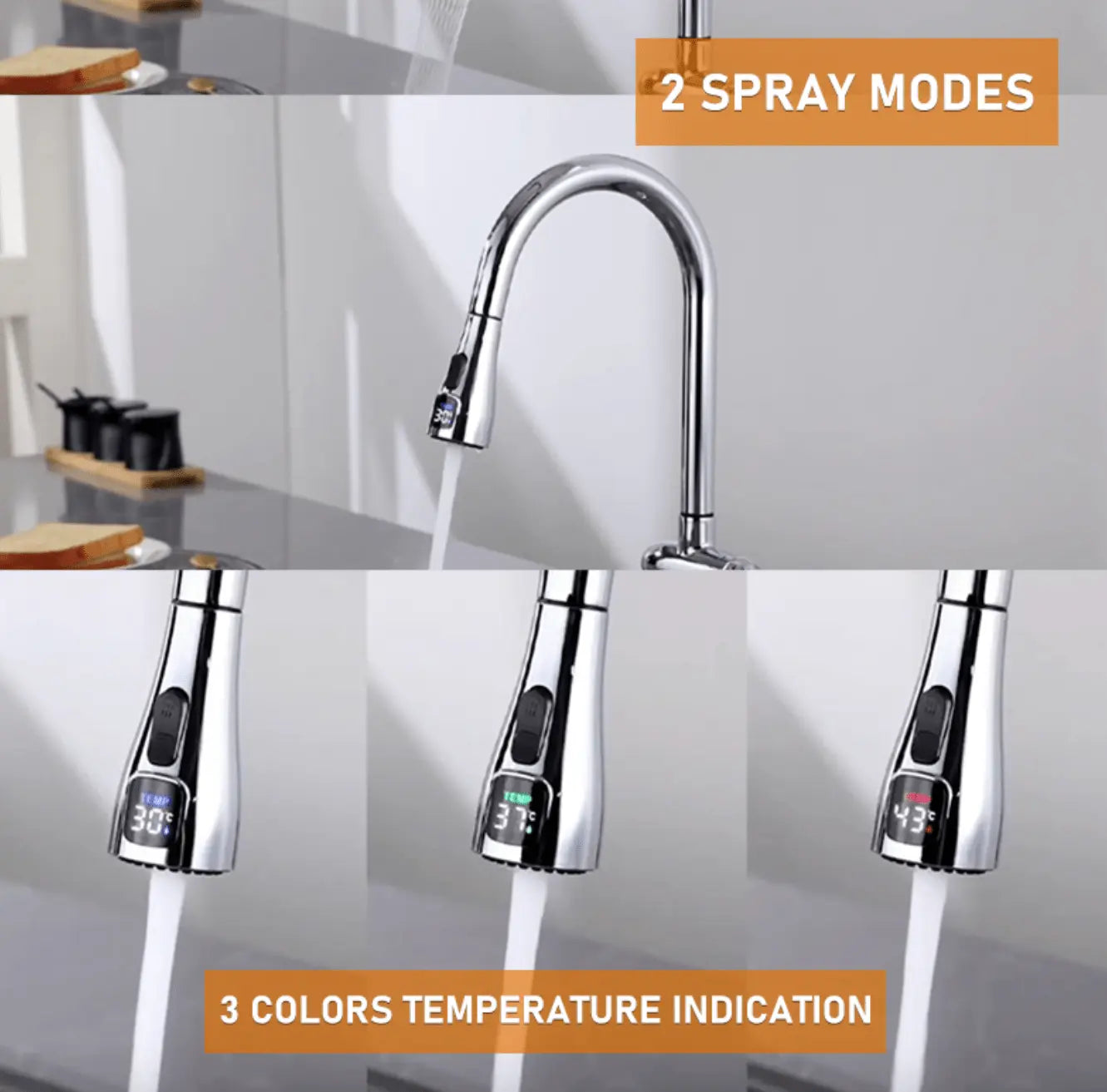 Losse Sproeikop Keukenkraan met LCD en 2 - standenknop bediening glans chroom